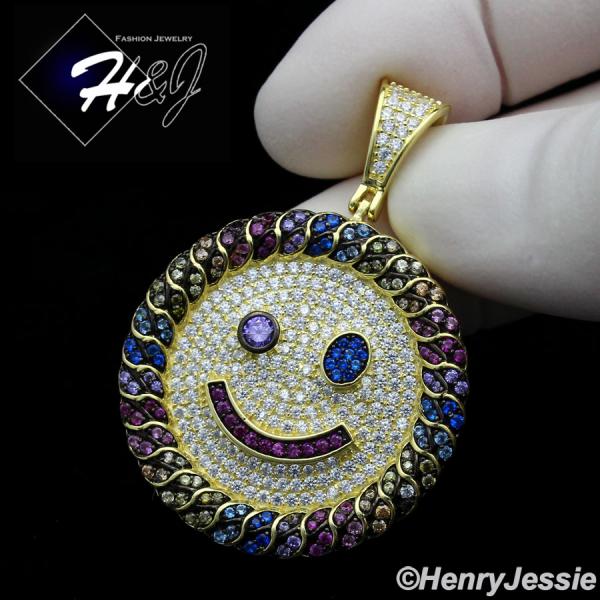 MEN WOMEN 925 STERLING SILVER FULL ICY COLORED CZ GOLD HAPPY FACE ROUND PENDANT*GP266