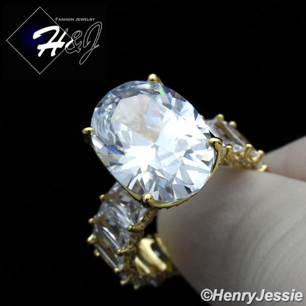 WOMEN 925 STERLING SILVER CLEAR OVAL SHAPED FULL ICY BLING CZ GOLD ENGAGEMENT RING*GR134