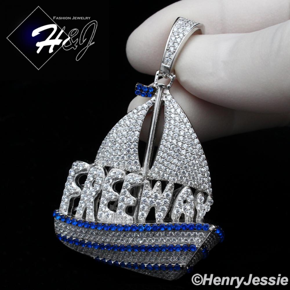 MEN 925 STERLING SILVER FULL ICY SILVER/BLUE "FREEWAY" SAILING BOAT PENDANT*SP268