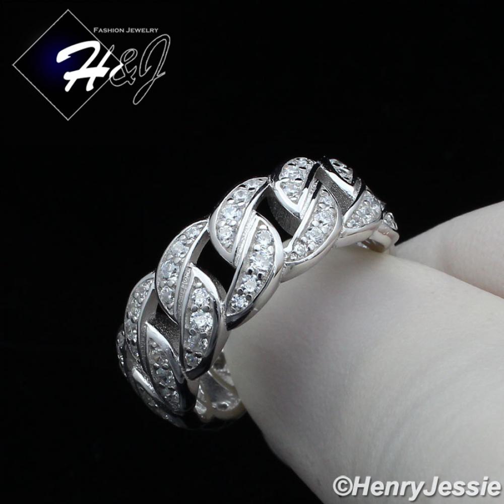 MEN WOMEN 925 STERLING SILVER FULL ICY LAB DIAMOND BLING CUBAN CURB LINK RING*SR128