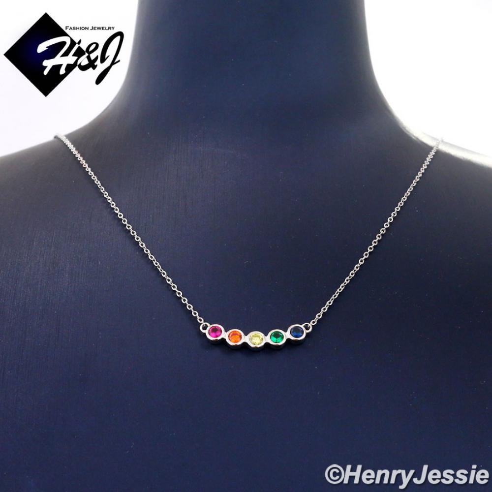 WOMEN 925 STERLING SILVER RAINBOW GEMSTONE ROUND CZ PENDANT CHAIN NECKLACE*WN3