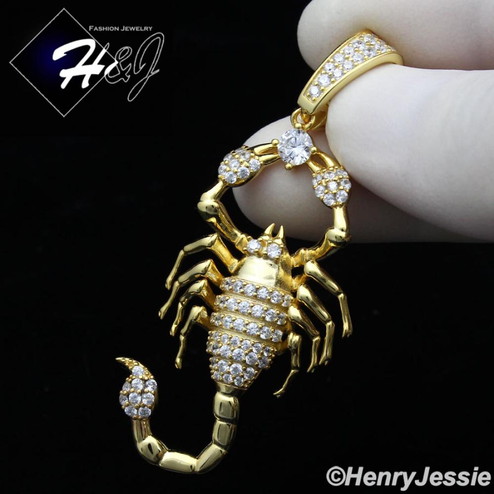 MEN 925 STERLING SILVER ICY BLING LAB DIAMOND GOLD 3D SCORPION CHARM PENDANT*GP270