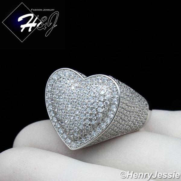 MEN WOMEN 925 STERLING SILVER LAB DIAMOND BLING 3D HEART SHAPE RING*SR125