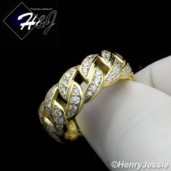 MEN WOMEN 925 STERLING SILVER FULL ICY LAB DIAMOND BLING GOLD CUBAN CURB LINK RING*GR128