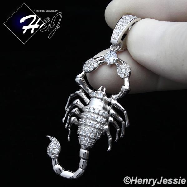 MEN 925 STERLING SILVER ICY BLING LAB DIAMOND SILVER 3D SCORPION CHARM PENDANT*SP270