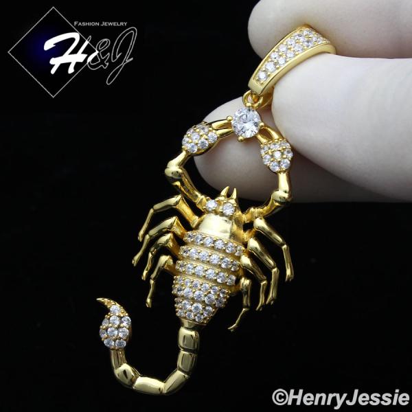 MEN 925 STERLING SILVER ICY BLING LAB DIAMOND GOLD 3D SCORPION CHARM PENDANT*GP270
