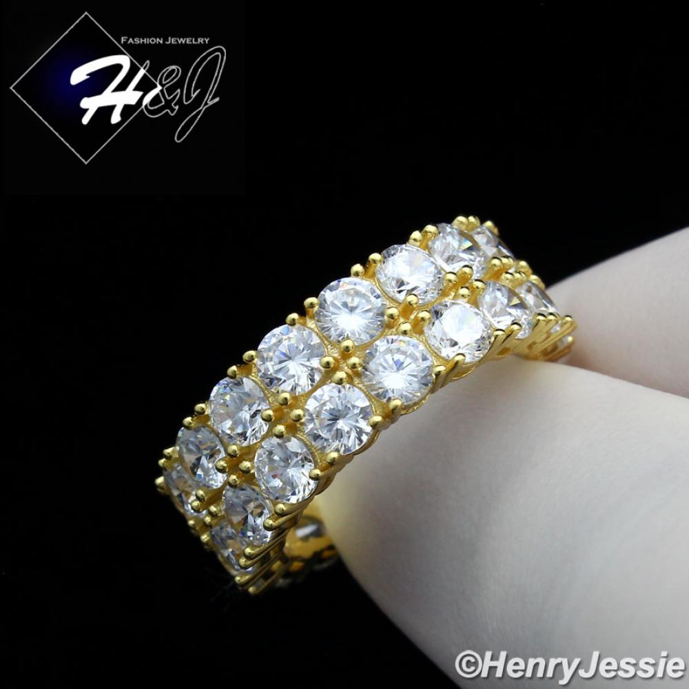 MEN WOMEN 925 STERLING SILVER LAB DIAMOND 8MM GOLD ICY 2 ROW TENNIS BAND RING*GR131