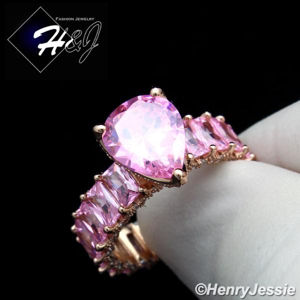 WOMEN 925 STERLING SILVER PEAR SHAPED FULL BLING PINK CZ ROSE GOLD ENGAGEMENT RING*RGR132