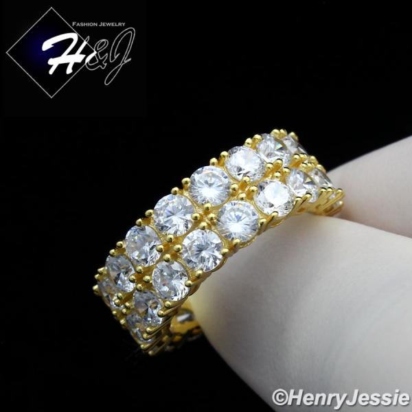 MEN WOMEN 925 STERLING SILVER LAB DIAMOND 8MM GOLD ICY 2 ROW TENNIS BAND RING*GR131