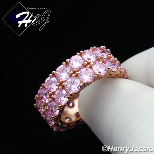MEN WOMEN 925 STERLING SILVER ICY PINK CZ 8MM ROSE GOLD 2 ROW TENNIS BAND RING*RGR131