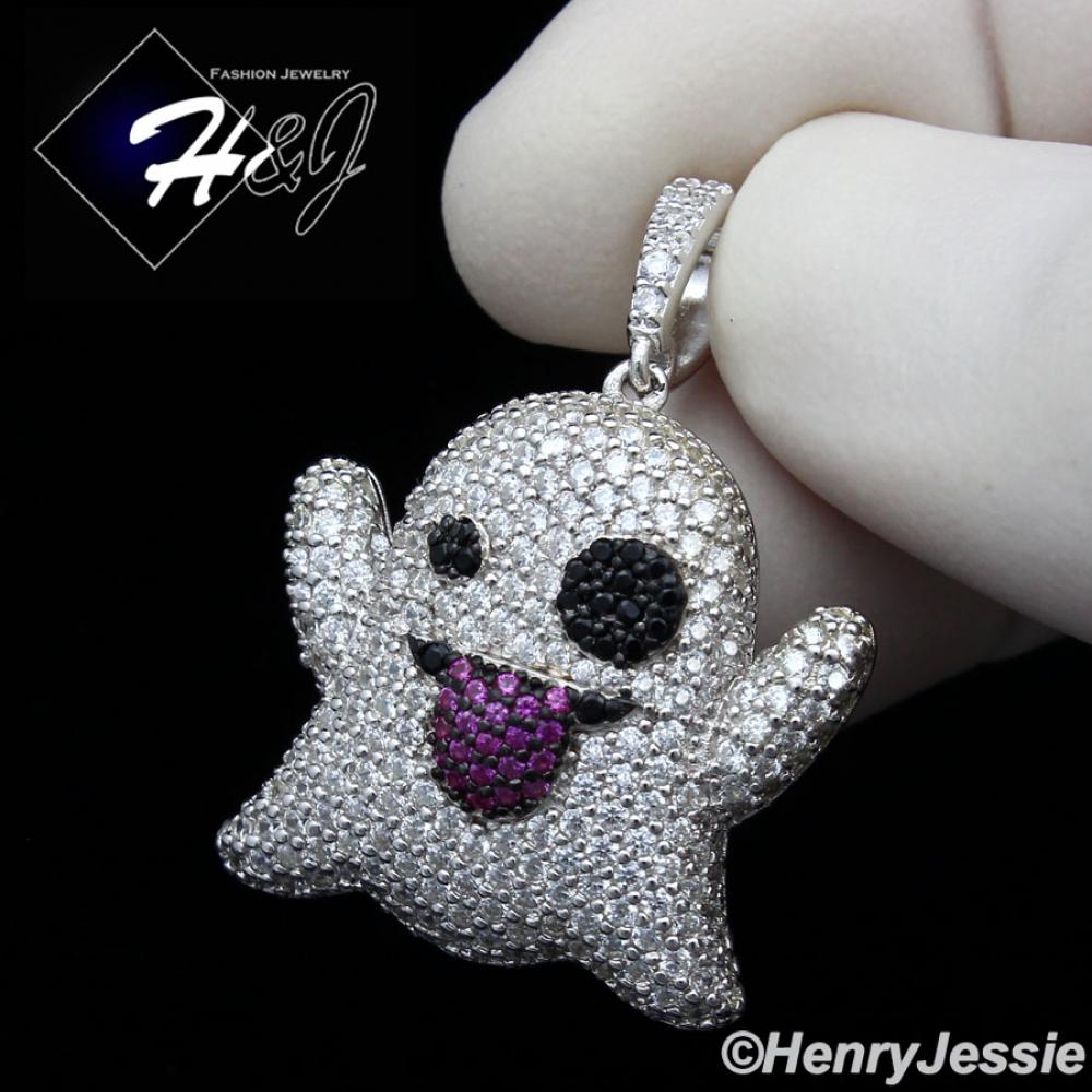 MEN WOMEN 925 STERLING SILVER FULL ICY LAB DIAMOND 3D SILVER GHOST EMOJI CHARM PENDANT*SP272