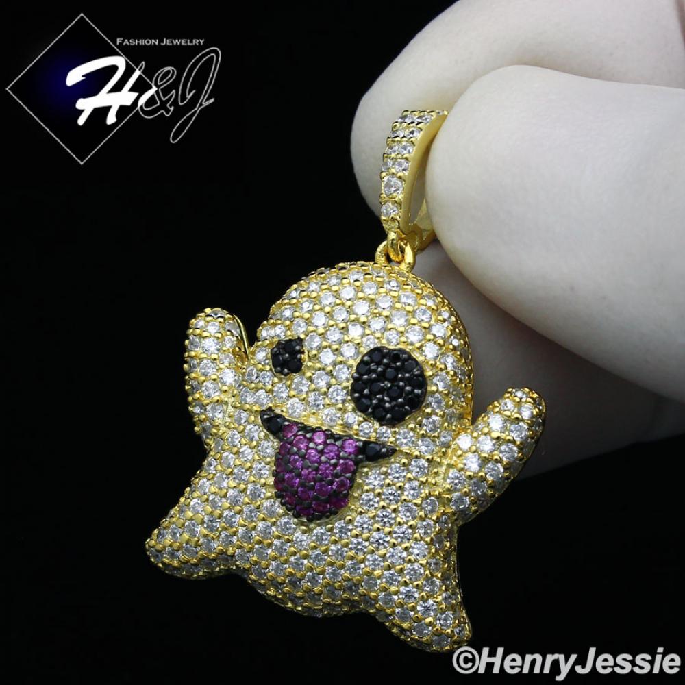 MEN WOMEN 925 STERLING SILVER FULL ICY LAB DIAMOND 3D GOLD GHOST EMOJI CHARM PENDANT*GP272