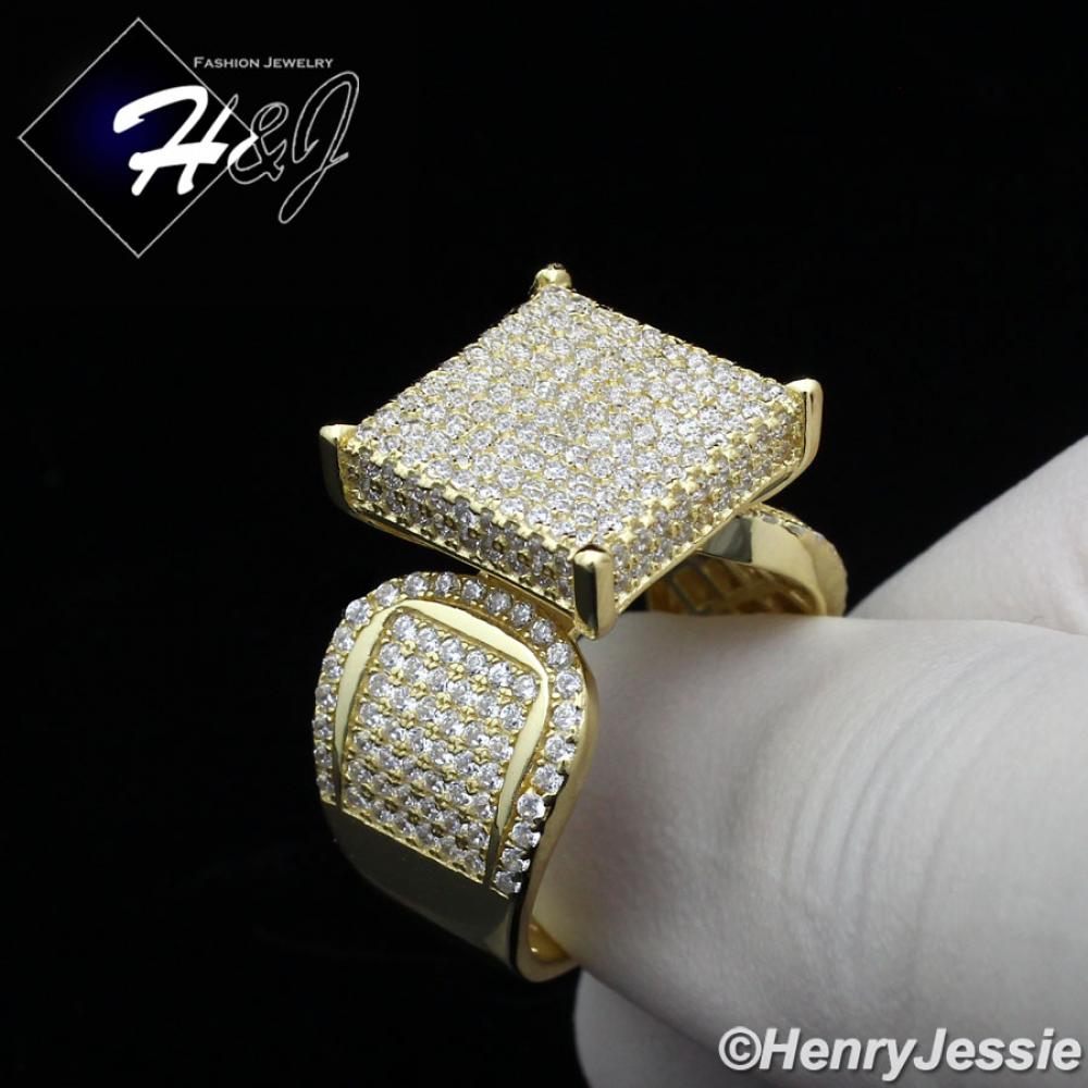 WOMEN 925 STERLING SILVER LAB DIAMOND 15MM GOLD SQUARE ENGAGEMENT RING SIZE 6-9*GR112