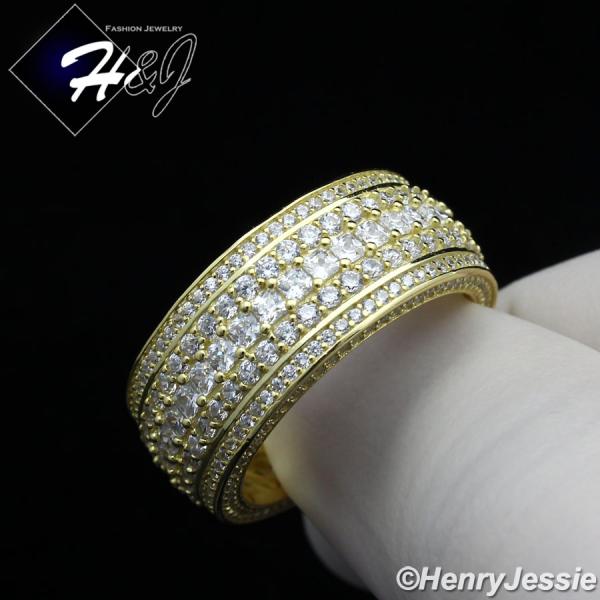 MEN 925 STERLING SILVER FULL LAB DIAMOND 10MM GOLD BLING WEDDING BAND RING*GR119
