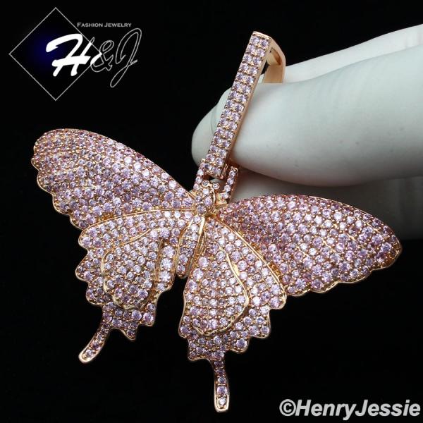 WOMEN 14K ROSE GOLD FINISH ICY BLING PINK CZ 3D BUTTERFLY CHARM PENDANT*BRP10
