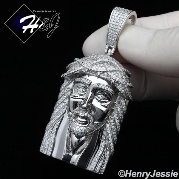 MEN 925 STERLING SILVER ICY LAB DIAMOND SILVER BLING 3D JESUS FACE CHARM PENDANT*SP274