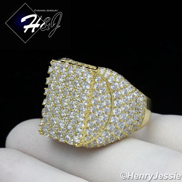 MEN 925 STERLING SILVER ICY LAB DIAMOND BLING GOLD RECTANGLE RING SIZE 7-12*GR147
