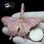 WOMEN 14K ROSE GOLD FINISH ICY BLING PINK CZ 3D BUTTERFLY CHARM PENDANT*BRP10