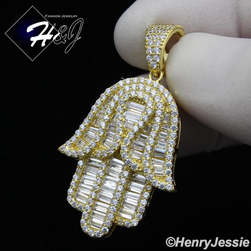 MEN WOMEN 925 STERLING SILVER ICY LAB BAGUETTE DIAMOND GOLD HAMSA HAND CHARM PENDANT*GP278