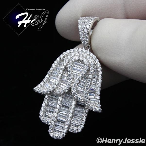MEN WOMEN 925 STERLING SILVER ICY LAB BAGUETTE DIAMOND SILVER HAMSA HAND CHARM PENDANT*SP278