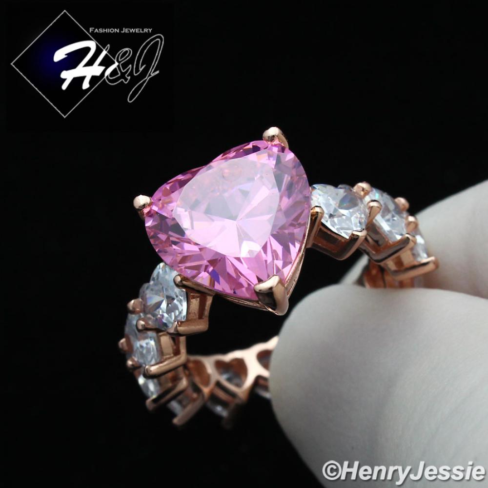WOMEN 925 STERLING SILVER PINK HEART SHAPED FULL BLING CZ ROSE GOLD ENGAGEMENT RING*RGR149