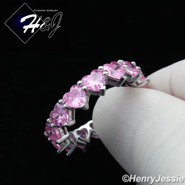 WOMEN 925 STERLING SILVER ICY PINK CZ HEART SILVER ETERNITY BAND RING SIZE 6-9*SR151