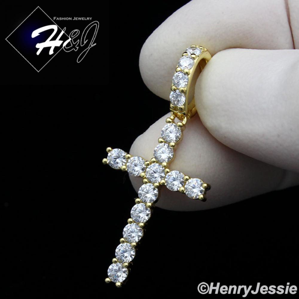MEN WOMEN 925 STERLING SILVER ICY BLING DIAMOND GOLD CROSS CHARM PENDANT*GP276