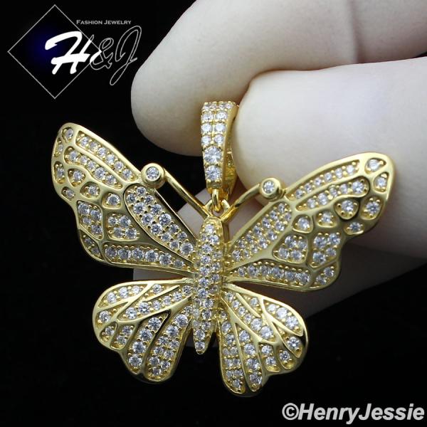 MEN WOMEN 925 STERLING SILVER ICY DIAMOND GOLD 3D BUTTERFLY CHARM PENDANT*GP284