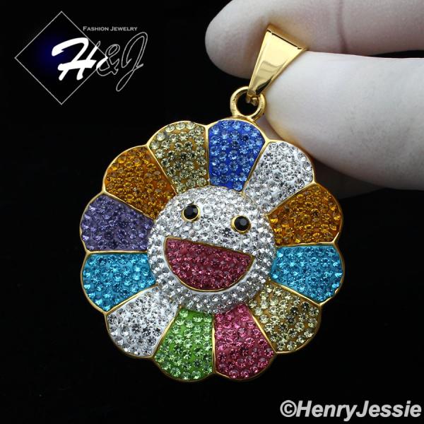 MEN WOMEN Stainless Steel Rainbow Rhinestone Happy Face Flower Pendant*GP126