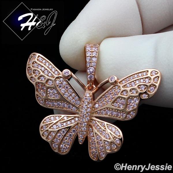 WOMEN 925 STERLING SILVER ICY PINK DIAMOND ROSE GOLD 3D BUTTERFLY CHARM PENDANT*RGP284