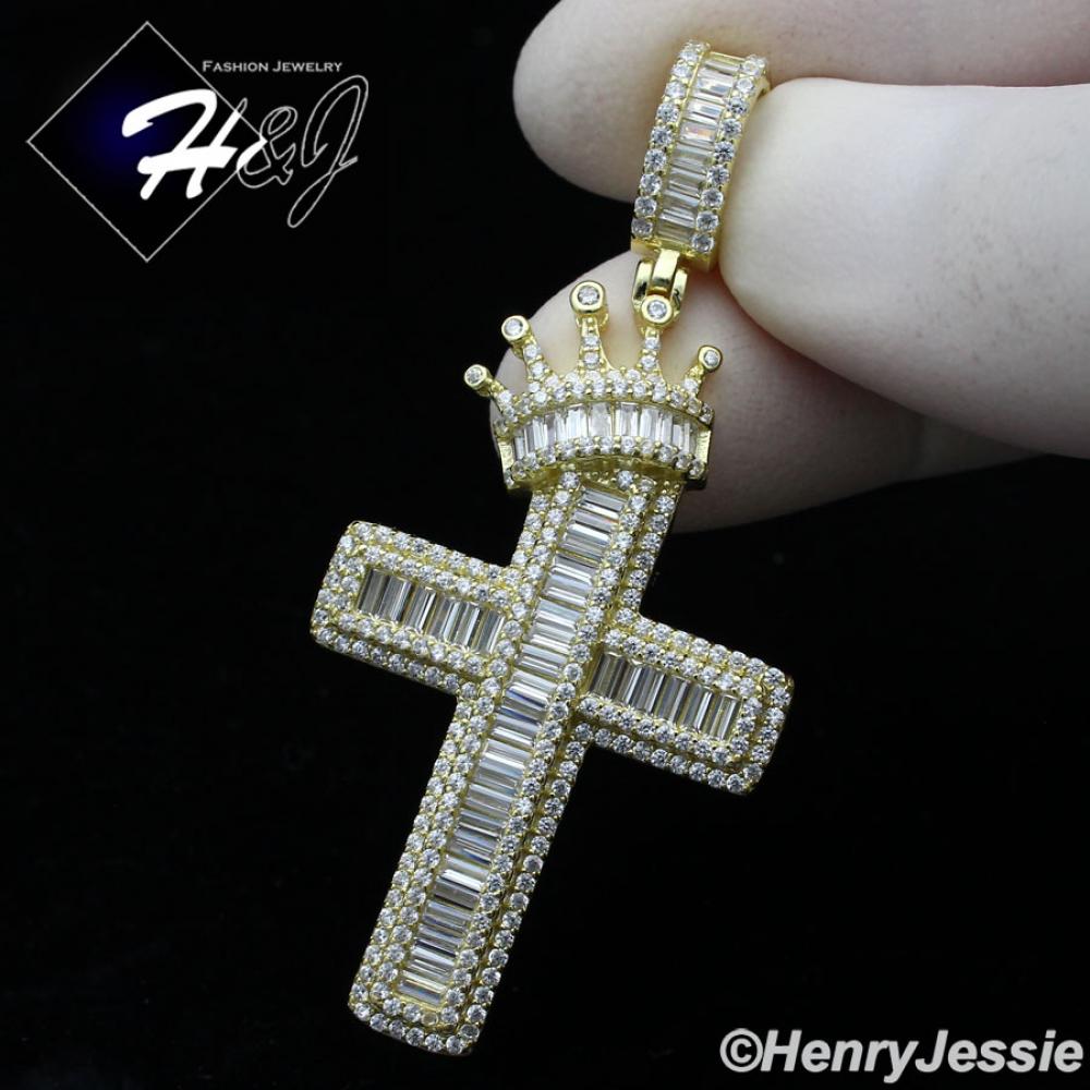 MEN WOMEN 925 STERLING SILVER ICY BAGUETTE DIAMOND GOLD CROWN CROSS CHARM PENDANT*GP287