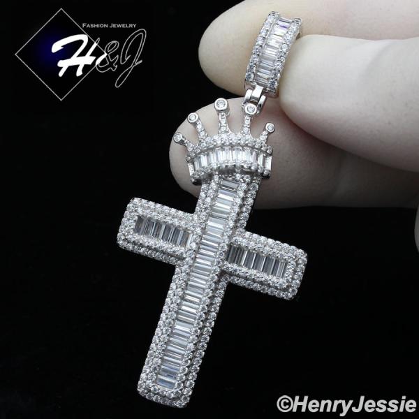 MEN WOMEN 925 STERLING SILVER ICY BAGUETTE DIAMOND SILVER CROWN CROSS CHARM PENDANT*SP287