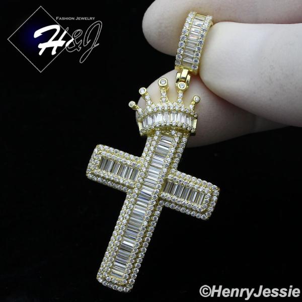 MEN WOMEN 925 STERLING SILVER ICY BAGUETTE DIAMOND GOLD CROWN CROSS CHARM PENDANT*GP287
