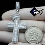 MEN WOMEN 925 STERLING SILVER ICY BAGUETTE DIAMOND SILVER CROWN CROSS CHARM PENDANT*SP287
