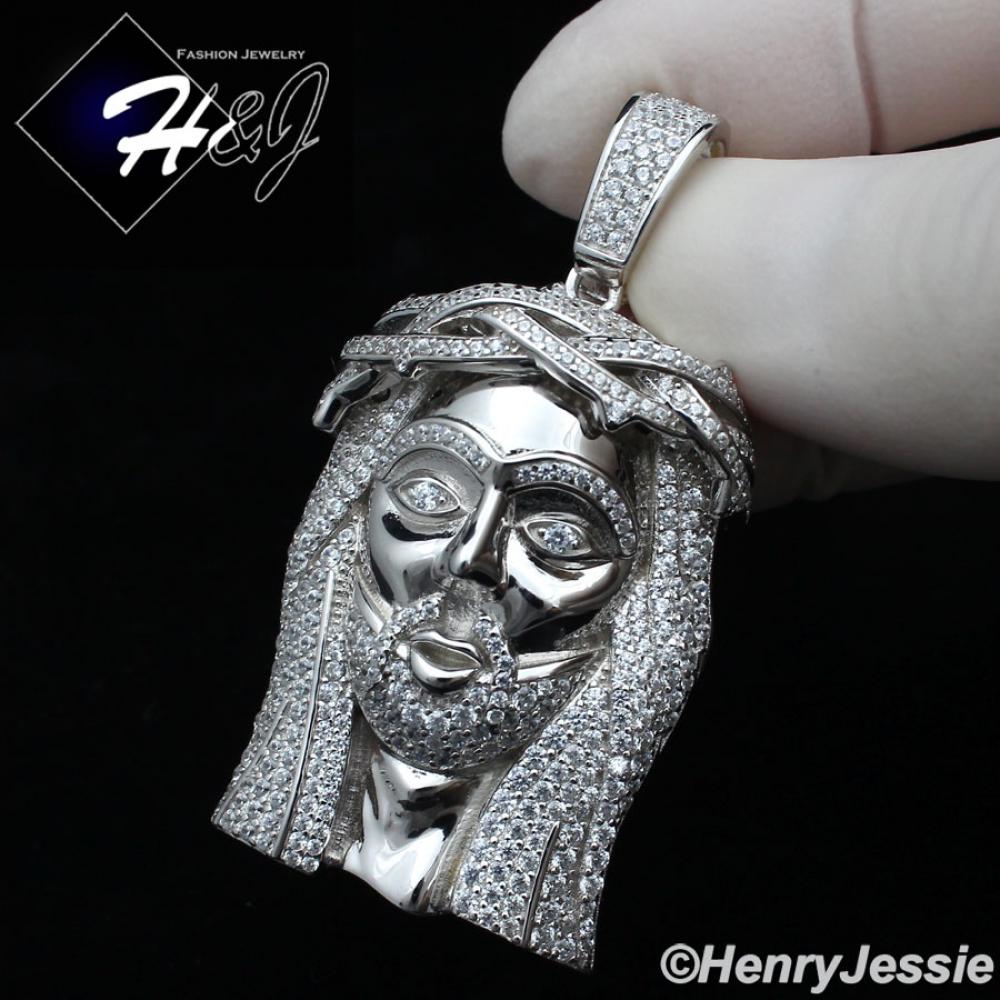 MEN 925 STERLING SILVER ICY LAB DIAMOND SILVER BLING 3D JESUS FACE CHARM PENDANT*SP291