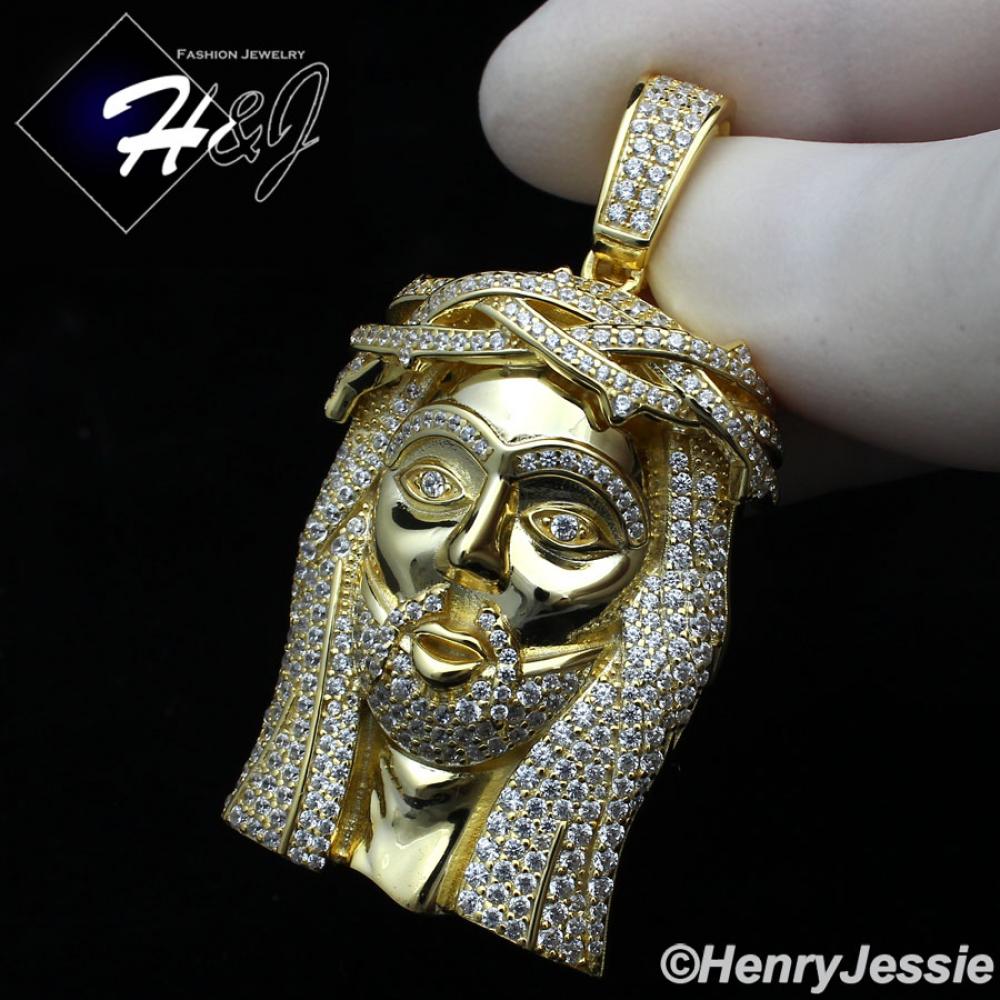MEN 925 STERLING SILVER ICY LAB DIAMOND GOLD BLING 3D JESUS FACE CHARM PENDANT*GP291