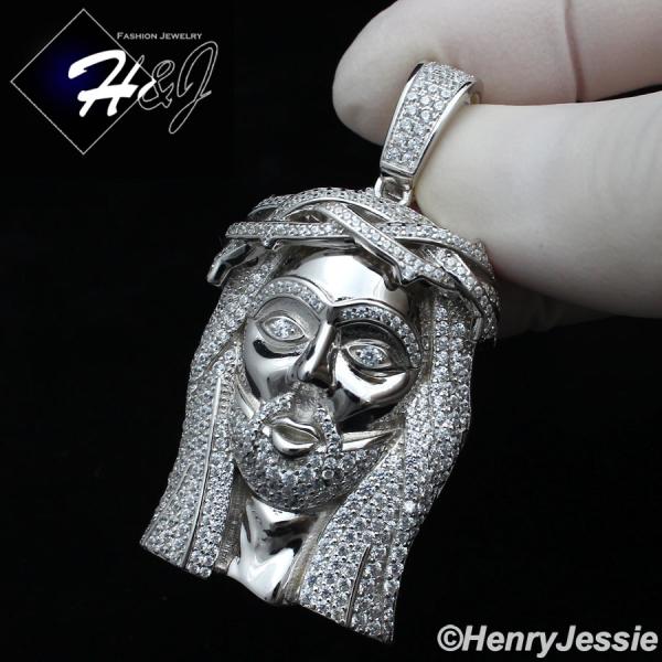 MEN 925 STERLING SILVER ICY LAB DIAMOND SILVER BLING 3D JESUS FACE CHARM PENDANT*SP291