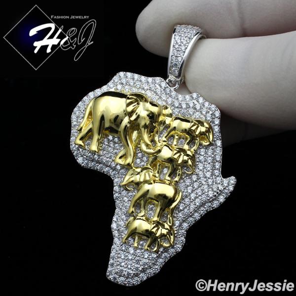 925 STERLING SILVER ICY DIAMOND SILVER/GOLD 3D ELEPHANT AFRICA MAP PENDANT*SP303