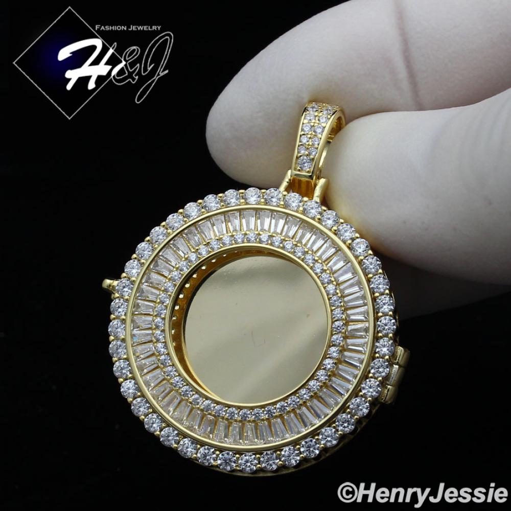MEN WOMEN 925 STERLING SILVER ICY DIAMOND GOLD PHOTO LOCKET ROUND PENDANT*GP317