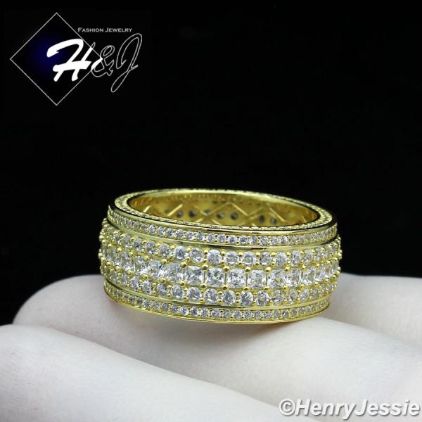 MEN 925 STERLING SILVER FULL LAB DIAMOND 10MM GOLD BLING WEDDING BAND RING*GR119