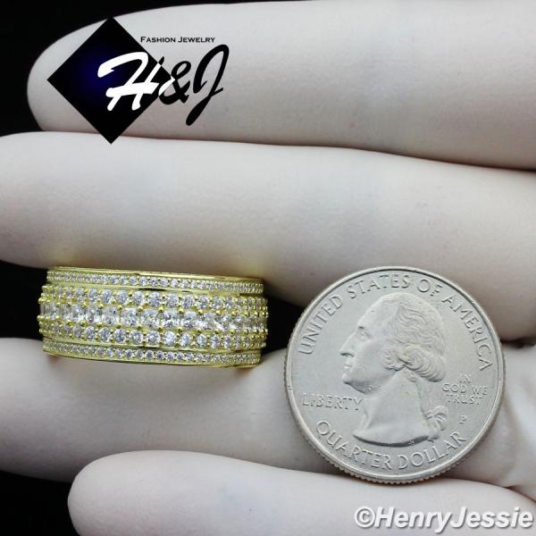 MEN 925 STERLING SILVER FULL LAB DIAMOND 10MM GOLD BLING WEDDING BAND RING*GR119