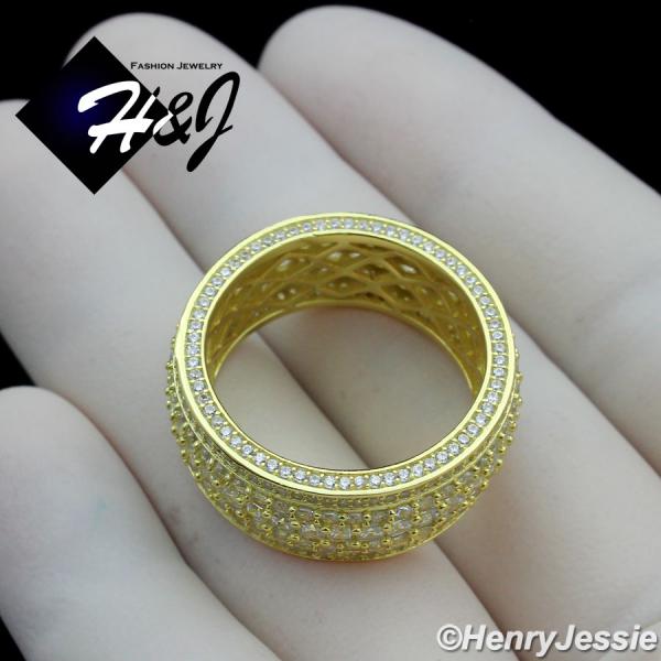 MEN 925 STERLING SILVER FULL LAB DIAMOND 10MM GOLD BLING WEDDING BAND RING*GR119