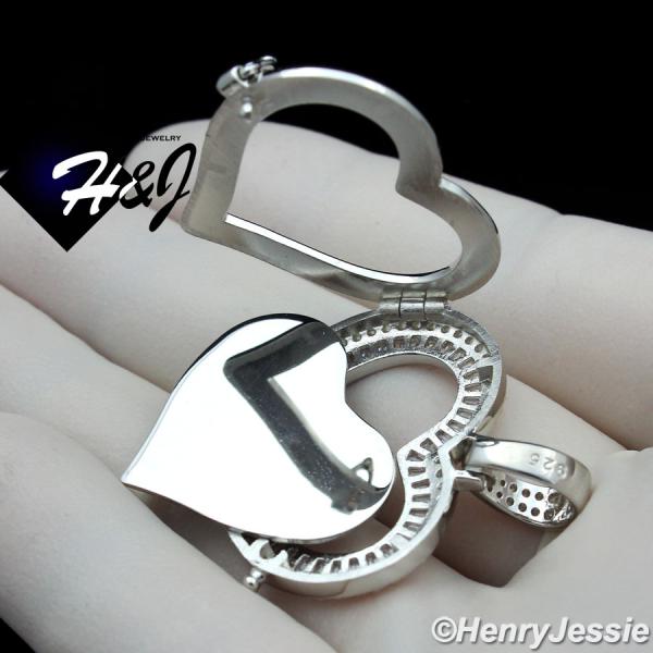 MEN WOMEN 925 STERLING SILVER ICY DIAMOND SILVER PHOTO LOCKET HEART PENDANT*SP316
