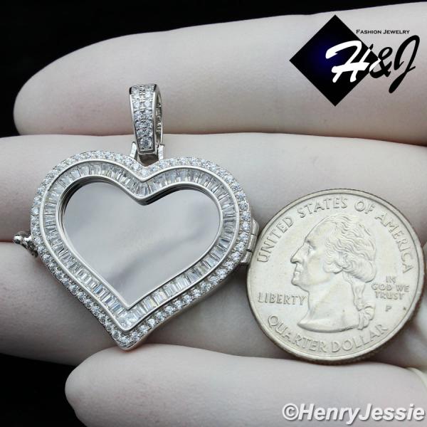 MEN WOMEN 925 STERLING SILVER ICY DIAMOND SILVER PHOTO LOCKET HEART PENDANT*SP316