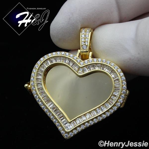MEN WOMEN 925 STERLING SILVER ICY DIAMOND GOLD 3D PHOTO LOCKET HEART PENDANT*GP316