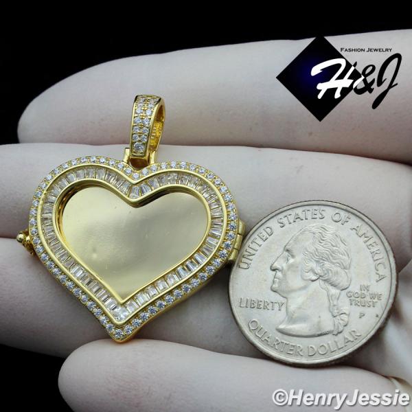MEN WOMEN 925 STERLING SILVER ICY DIAMOND GOLD 3D PHOTO LOCKET HEART PENDANT*GP316