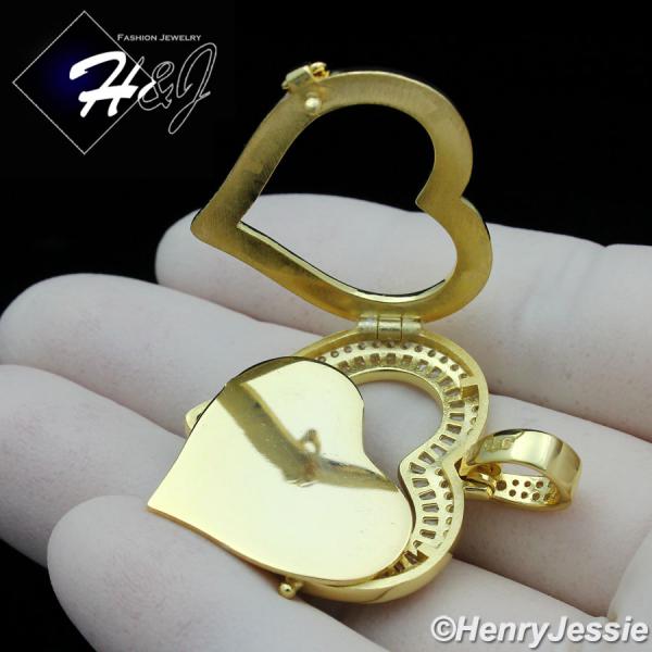 MEN WOMEN 925 STERLING SILVER ICY DIAMOND GOLD 3D PHOTO LOCKET HEART PENDANT*GP316