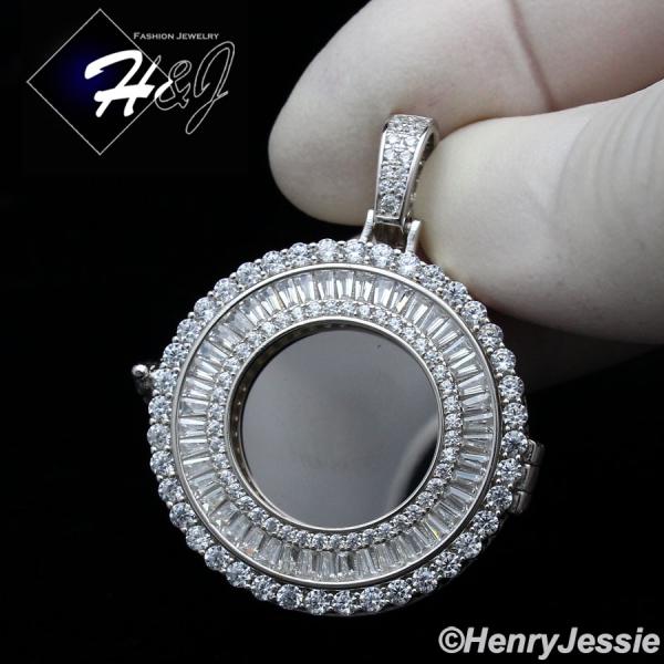 MEN WOMEN 925 STERLING SILVER ICY DIAMOND SILVER PHOTO LOCKET ROUND PENDANT*SP317
