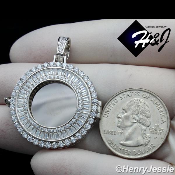 MEN WOMEN 925 STERLING SILVER ICY DIAMOND SILVER PHOTO LOCKET ROUND PENDANT*SP317