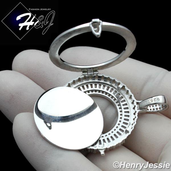 MEN WOMEN 925 STERLING SILVER ICY DIAMOND SILVER PHOTO LOCKET ROUND PENDANT*SP317